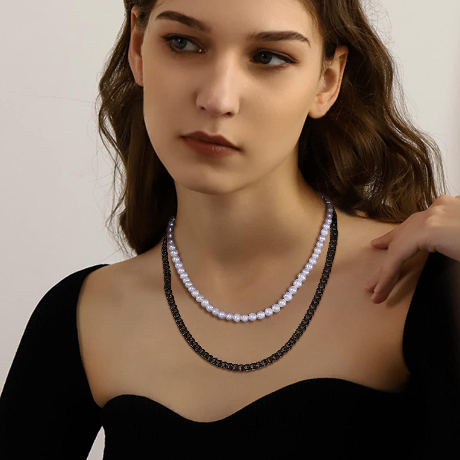 imageU7 Layered Pearl Necklace Set Hip Hop Black Cuban Link Chain and Off White Pearl Choker Necklace for Men Women