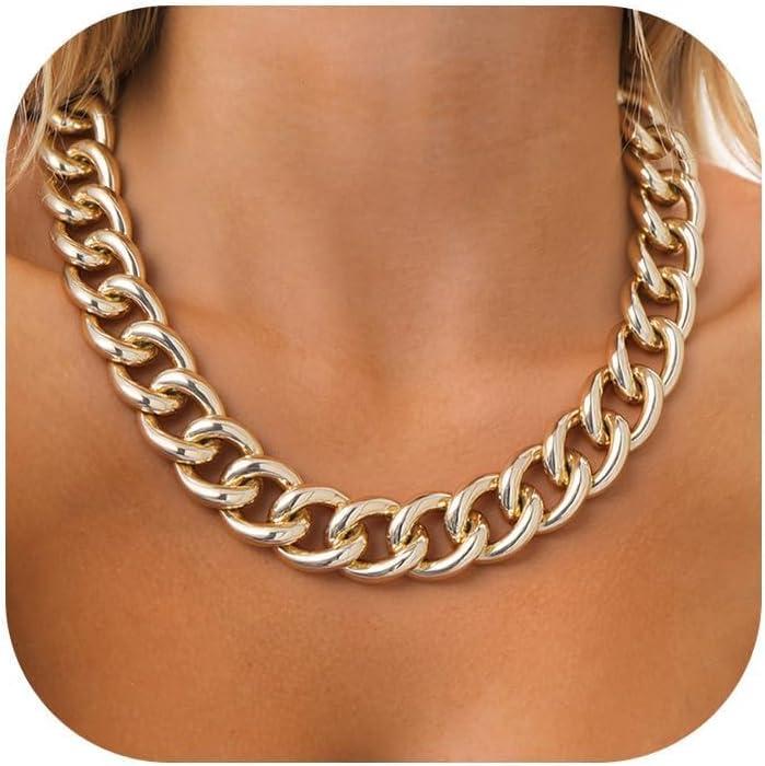 imageU7 Lightweight Chunky Gold Necklace Thick Aluminum Cuban Link Chain for Women Trendy Chic Punk Hip Hop Chunky Gold Jewelry Statement Necklace for Christmas Gifts 14K Gold Plated 13mm16mm23mm22inch Length