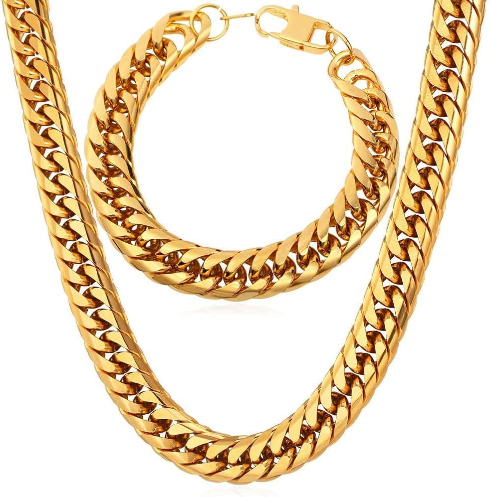 imageU7 Men Cuban Link Chain Necklace Stainless Steel Franco Curb Choker SilverBlack14K Gold Plated Necklaces for Male Women 6912mm Width 1830 Inches Length Hip Hop Jewelryd 12mm Gold Set
