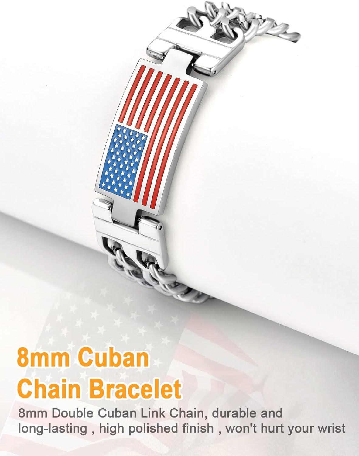 imageU7 Patriotic Bracelets for Men Women Stainless Steel 8mm Double Cuban Link Chain Bracelet American Flag Jewelry83quot21cm