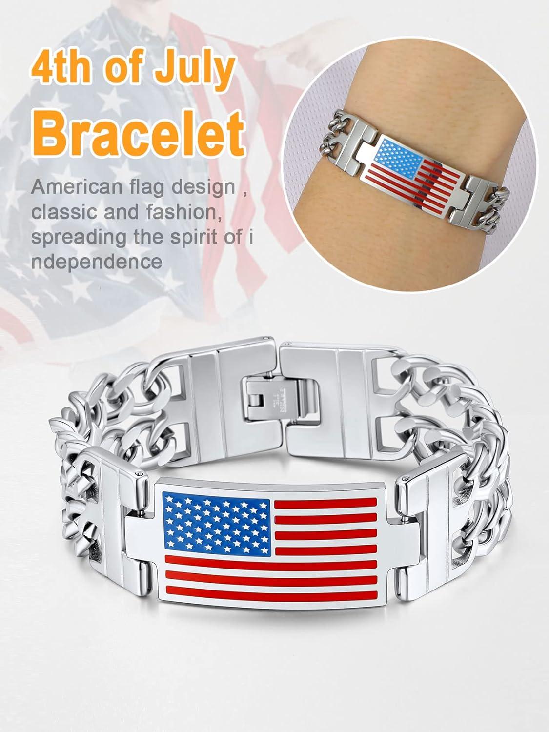 imageU7 Patriotic Bracelets for Men Women Stainless Steel 8mm Double Cuban Link Chain Bracelet American Flag Jewelry83quot21cm