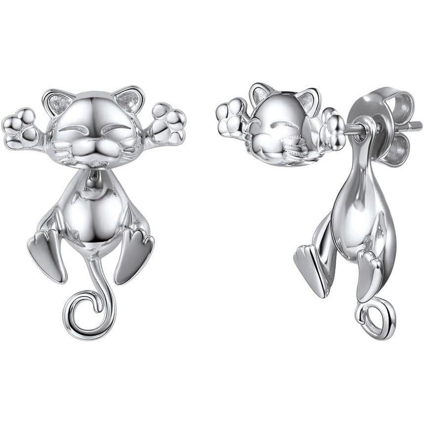 image925 Silver Cute PigPanda BearDogCat Earrings Stud Solid Sterling Jewelry quot Kiss me Hug Mequot 3D Kitten Earring01HotSilver Cat
