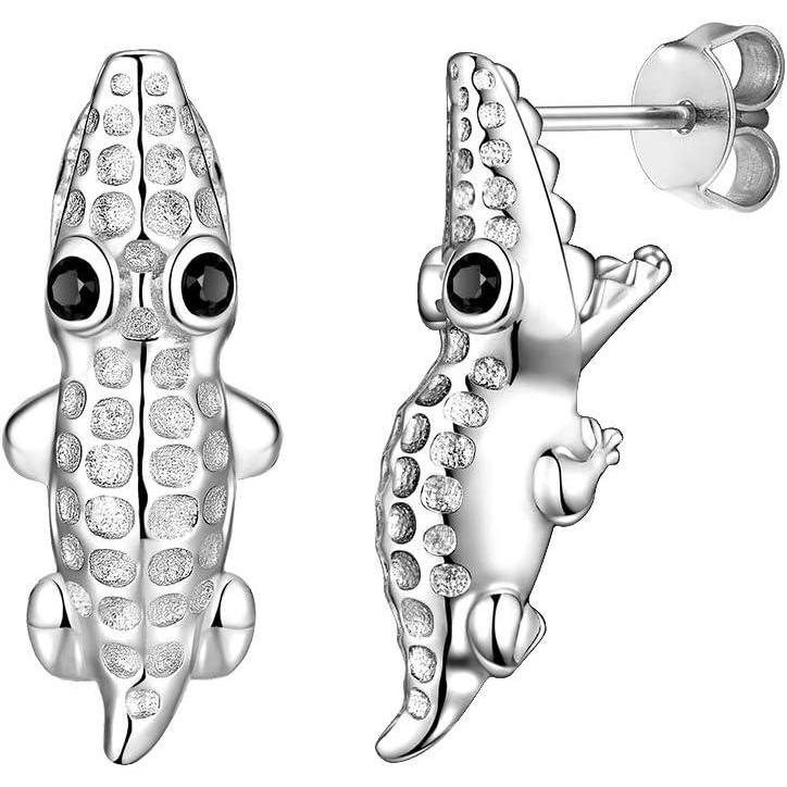 image925 Silver Cute PigPanda BearDogCat Earrings Stud Solid Sterling Jewelry quot Kiss me Hug Mequot 3D Kitten Earring04Crocodile