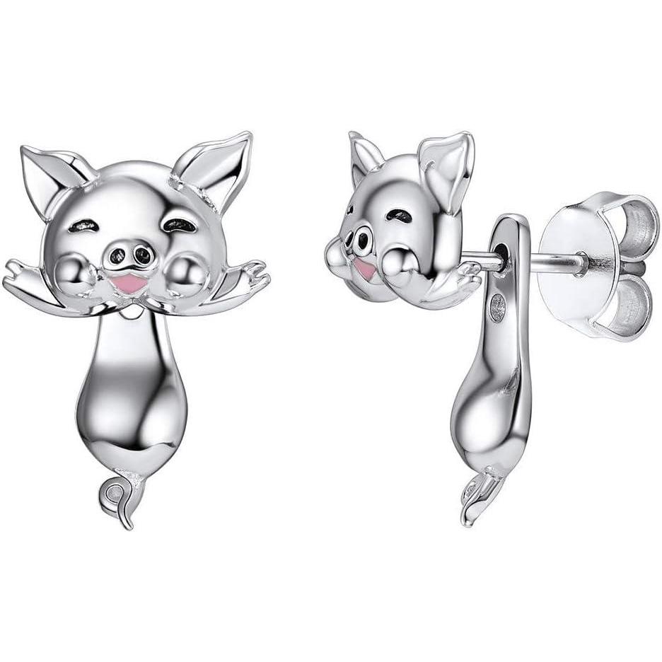 image925 Silver Cute PigPanda BearDogCat Earrings Stud Solid Sterling Jewelry quot Kiss me Hug Mequot 3D Kitten Earring04Piggy