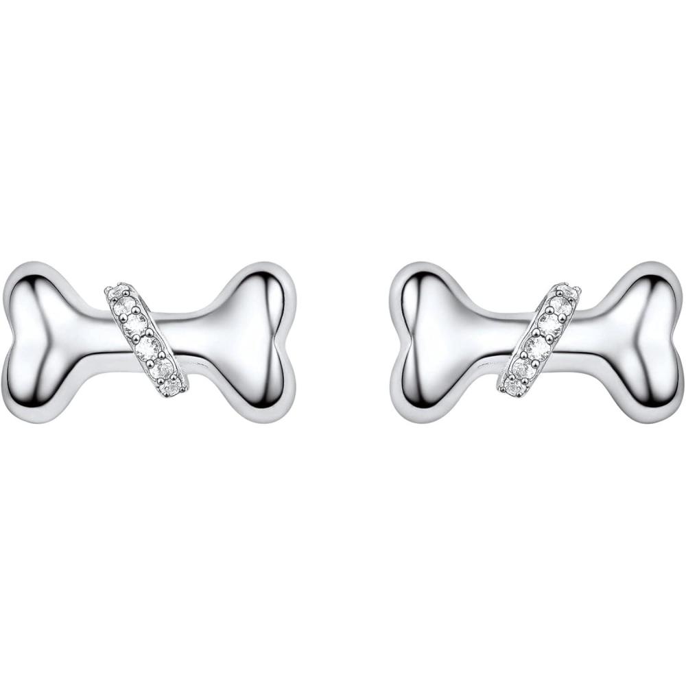 image925 Silver Cute PigPanda BearDogCat Earrings Stud Solid Sterling Jewelry quot Kiss me Hug Mequot 3D Kitten Earring05Silver Dog Bone
