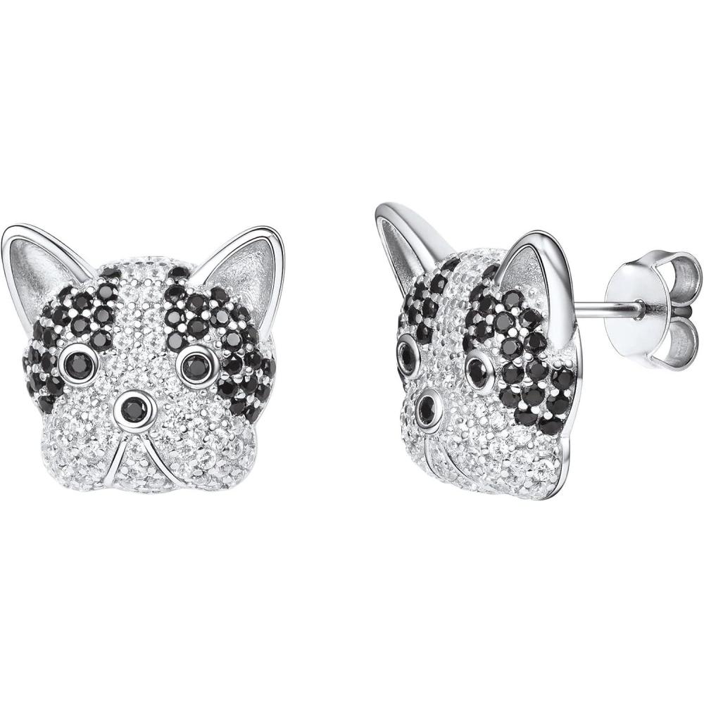 image925 Silver Cute PigPanda BearDogCat Earrings Stud Solid Sterling Jewelry quot Kiss me Hug Mequot 3D Kitten Earring19French bulldog