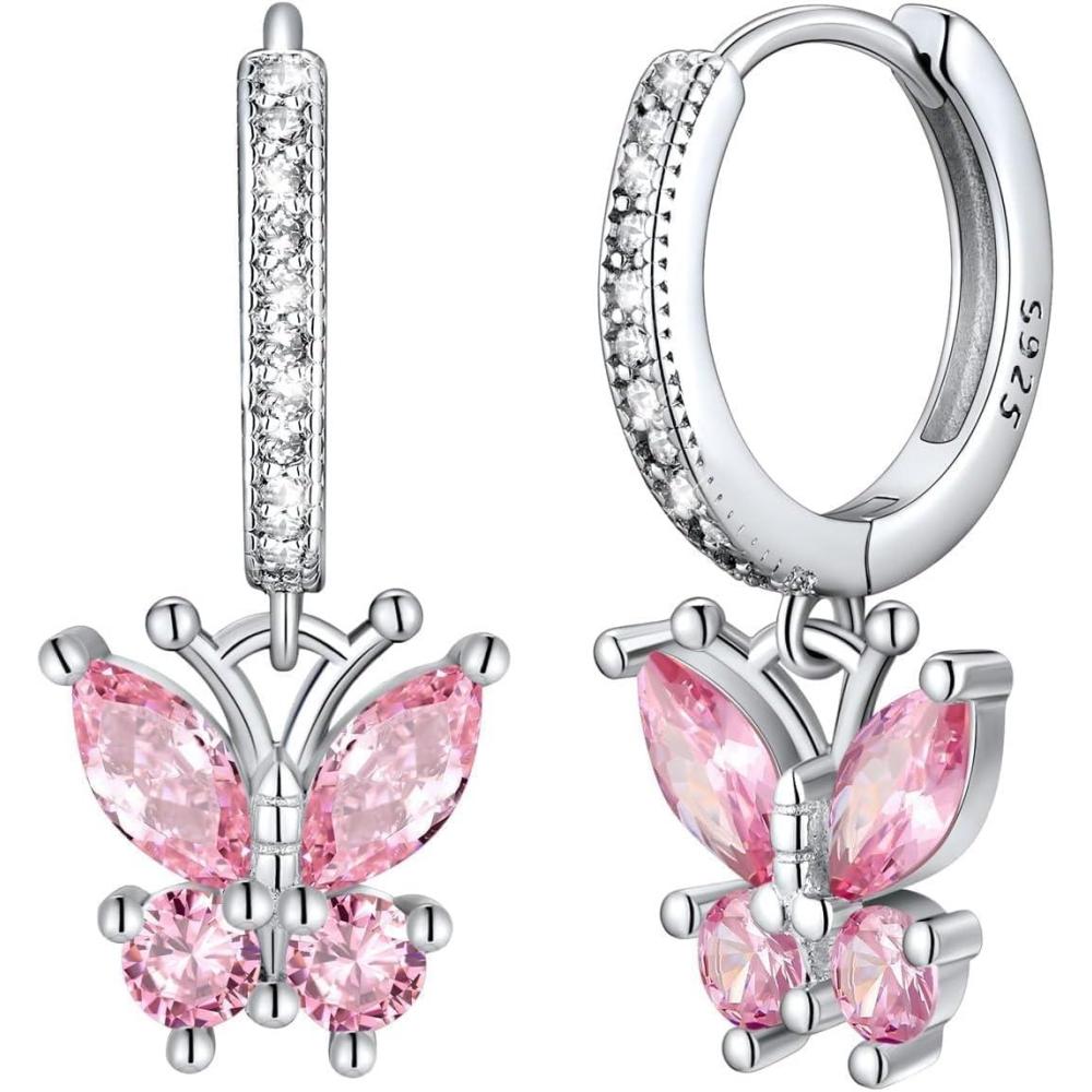 imageSILVERCUTE 925 Sterling Silver Butterfly Earrings Hypoallergenic Birthstone Earrings for Women Butterfly Dangle EarringDainty Birthday Gifts for WomenHer10OctoberPink Tourmaline