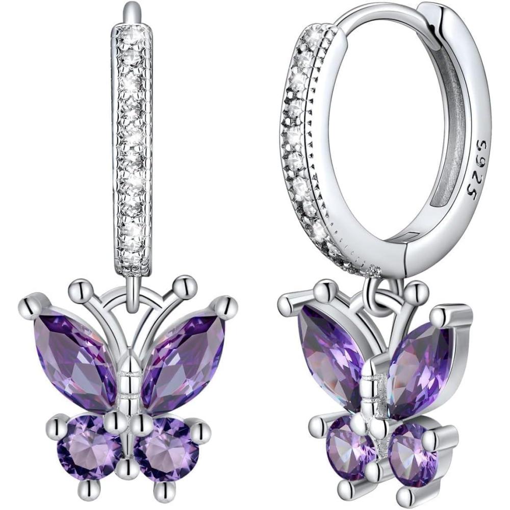 imageSILVERCUTE 925 Sterling Silver Butterfly Earrings Hypoallergenic Birthstone Earrings for Women Butterfly Dangle EarringDainty Birthday Gifts for WomenHer02FebruaryAmethyst