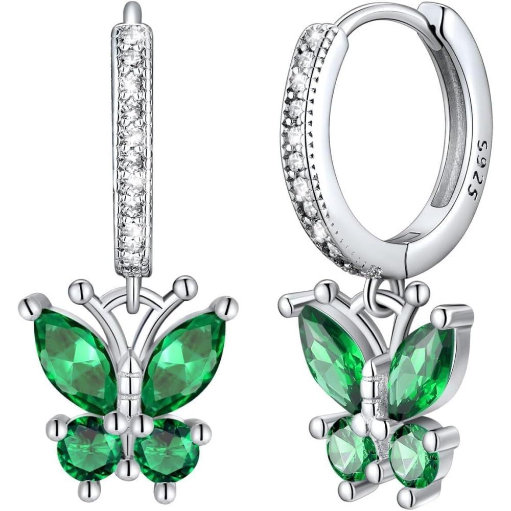 imageSILVERCUTE 925 Sterling Silver Butterfly Earrings Hypoallergenic Birthstone Earrings for Women Butterfly Dangle EarringDainty Birthday Gifts for WomenHer05MayEmerald