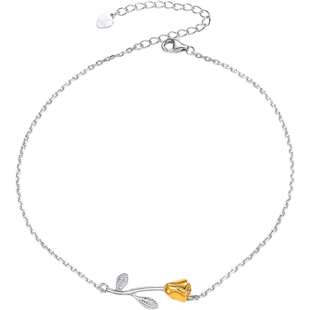 imageSILVERCUTE FlowerHerringbone ChainFigaroCuban LinkInitial Anklets Sterling Silver Ankle Bracelet Resizable Barefoot Jewelry for WomenFlower