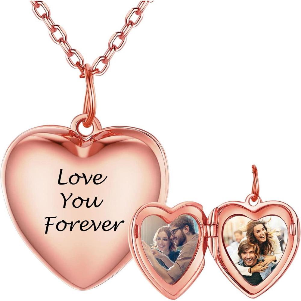 imageSILVERCUTE Personalized ampamp Engraved Locket Necklace with 18quot Chain Angel Wings Locket Custom Heart Locket Pendant that Holds Picture Sterling Silver or Gold PlatedRose Gold Heart