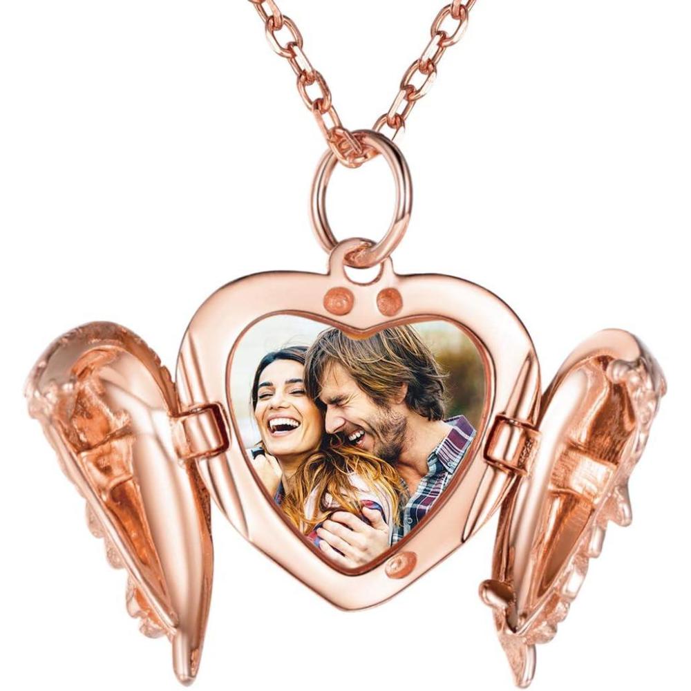 imageSILVERCUTE Personalized ampamp Engraved Locket Necklace with 18quot Chain Angel Wings Locket Custom Heart Locket Pendant that Holds Picture Sterling Silver or Gold PlatedBRose Gold Plated Angel Wing16mm