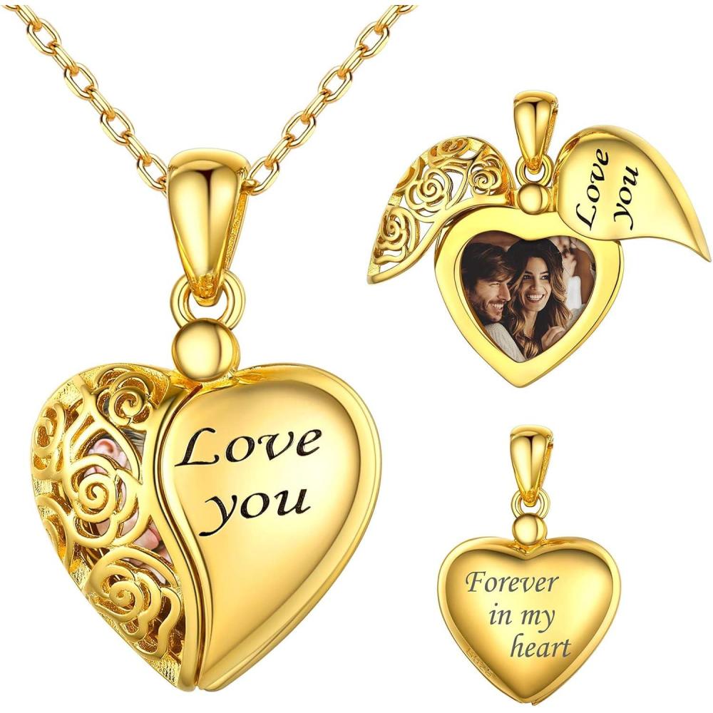 imageSILVERCUTE Personalized ampamp Engraved Locket Necklace with 18quot Chain Angel Wings Locket Custom Heart Locket Pendant that Holds Picture Sterling Silver or Gold PlatedCGold Plated Love You