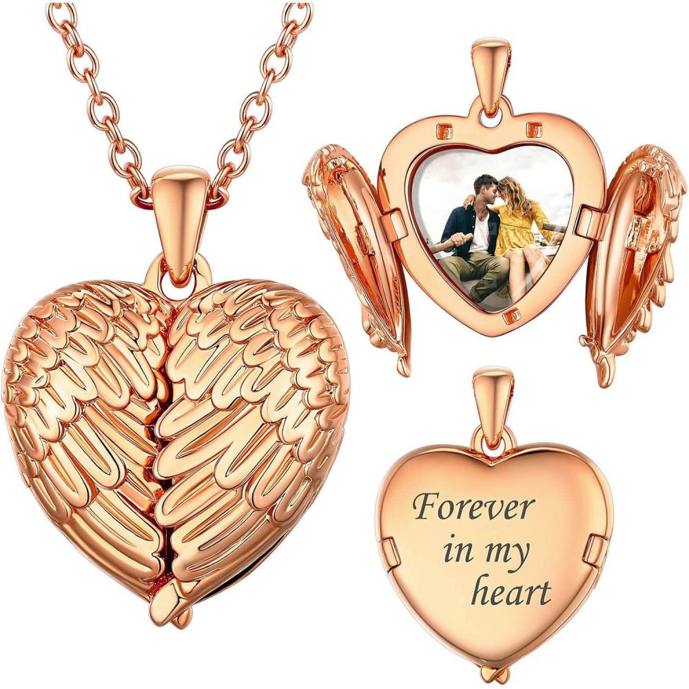 imageSILVERCUTE Personalized ampamp Engraved Locket Necklace with 18quot Chain Angel Wings Locket Custom Heart Locket Pendant that Holds Picture Sterling Silver or Gold PlatedARose Gold Plated Angel Wing21mm