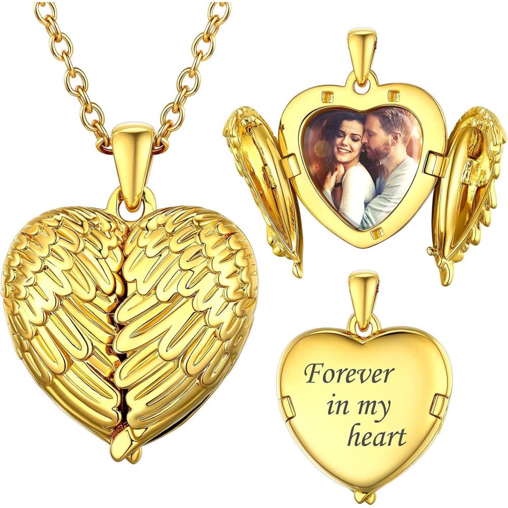 imageSILVERCUTE Personalized ampamp Engraved Locket Necklace with 18quot Chain Angel Wings Locket Custom Heart Locket Pendant that Holds Picture Sterling Silver or Gold PlatedAGold Plated Angel Wing21mm