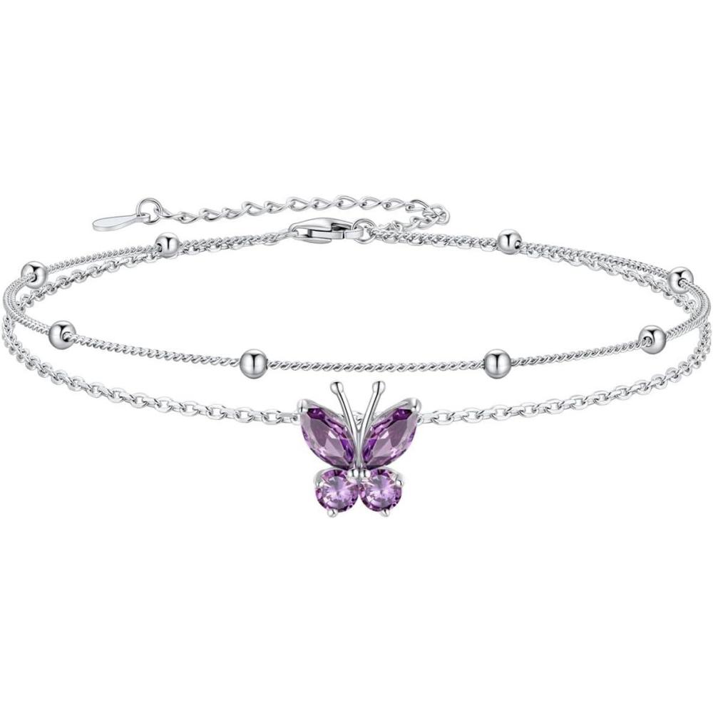 imageSILVERCUTE Silver Anklets for Women Cute Butterfly Jewelry 925 Sterling Silver Anklets Waterproof Summer Beach Foot Bracelet January to December Birthstone Anklet 2227cm06June AlexandriteLayered
