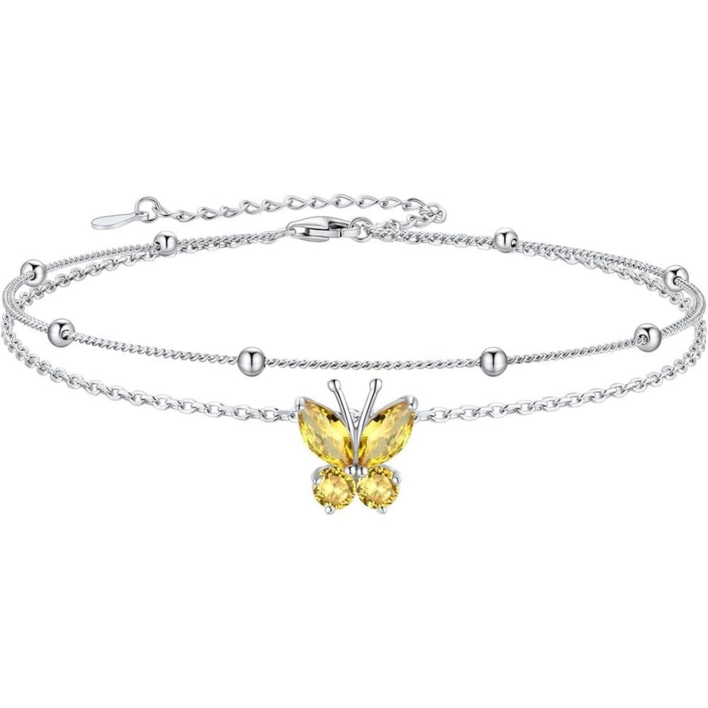 imageSILVERCUTE Silver Anklets for Women Cute Butterfly Jewelry 925 Sterling Silver Anklets Waterproof Summer Beach Foot Bracelet January to December Birthstone Anklet 2227cm11November CitrineLayered