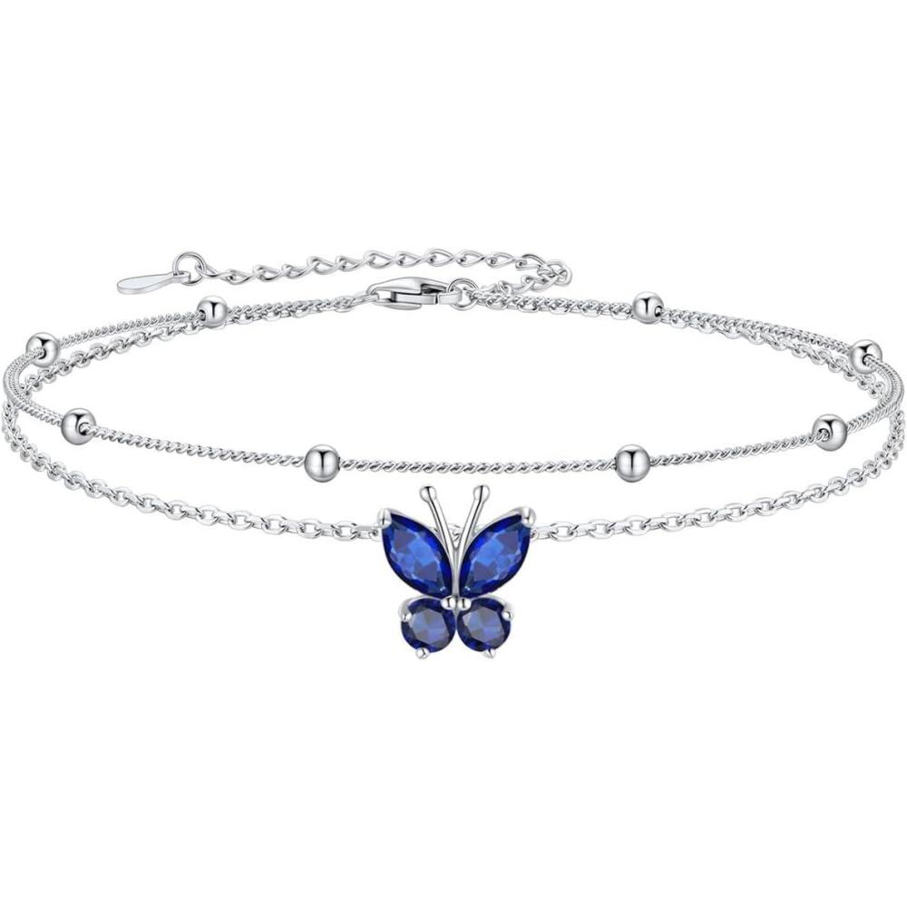 imageSILVERCUTE Silver Anklets for Women Cute Butterfly Jewelry 925 Sterling Silver Anklets Waterproof Summer Beach Foot Bracelet January to December Birthstone Anklet 2227cm09September SapphireLayered
