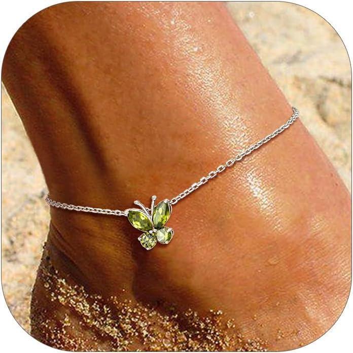 imageSILVERCUTE Silver Anklets for Women Cute Butterfly Jewelry 925 Sterling Silver Anklets Waterproof Summer Beach Foot Bracelet January to December Birthstone Anklet 2227cm08August Peridot
