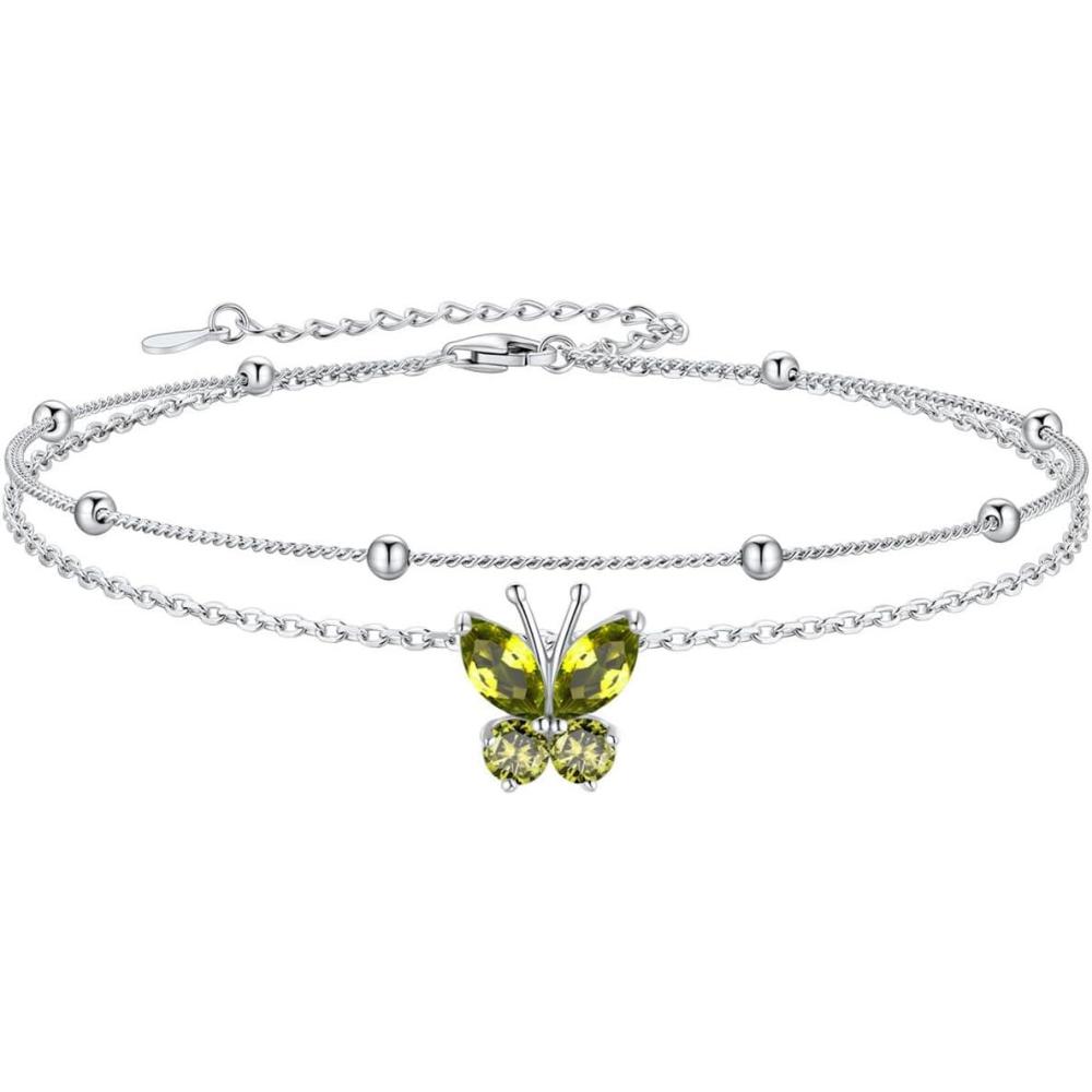imageSILVERCUTE Silver Anklets for Women Cute Butterfly Jewelry 925 Sterling Silver Anklets Waterproof Summer Beach Foot Bracelet January to December Birthstone Anklet 2227cm08August PeridotLayered
