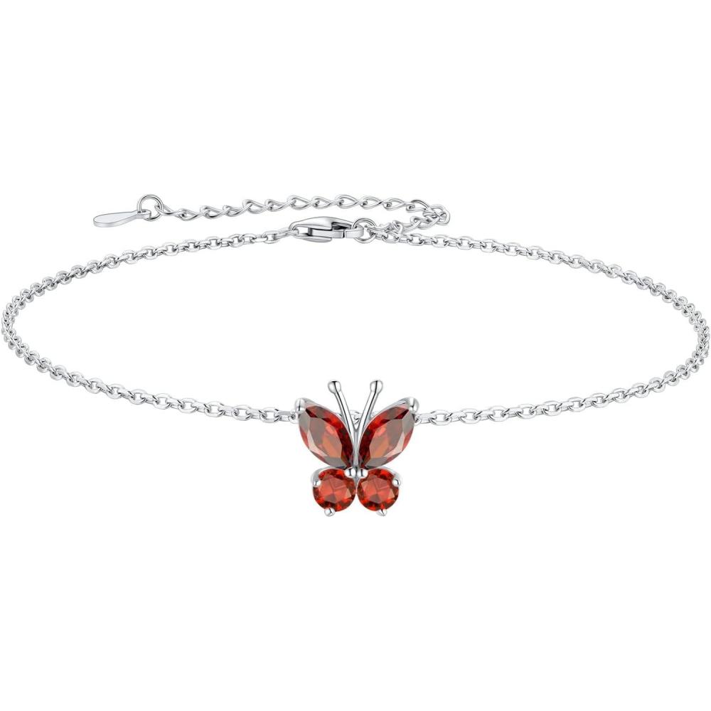 imageSILVERCUTE Silver Anklets for Women Cute Butterfly Jewelry 925 Sterling Silver Anklets Waterproof Summer Beach Foot Bracelet January to December Birthstone Anklet 2227cm07July Ruby