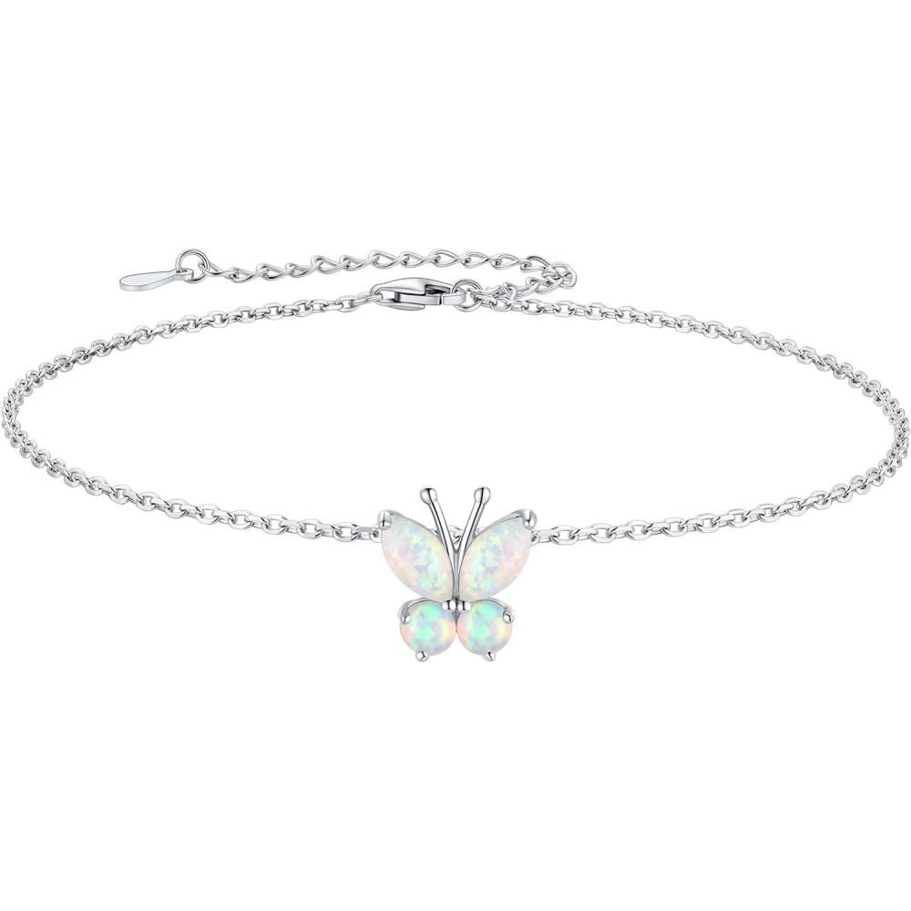imageSILVERCUTE Silver Anklets for Women Cute Butterfly Jewelry 925 Sterling Silver Anklets Waterproof Summer Beach Foot Bracelet January to December Birthstone Anklet 2227cm10Opal