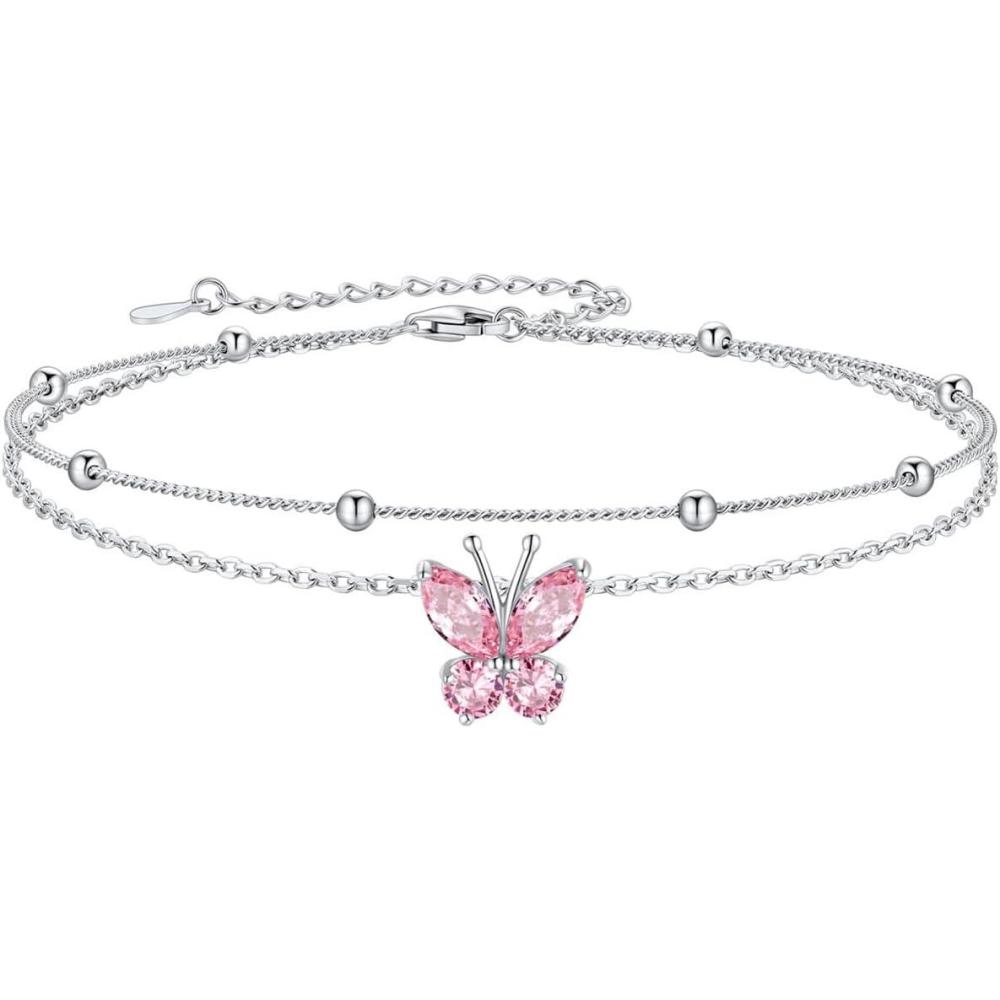 imageSILVERCUTE Silver Anklets for Women Cute Butterfly Jewelry 925 Sterling Silver Anklets Waterproof Summer Beach Foot Bracelet January to December Birthstone Anklet 2227cm10October Tourmaline PinkLayered