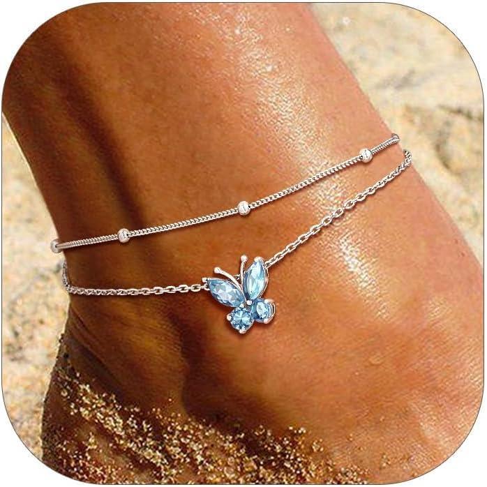 imageSILVERCUTE Silver Anklets for Women Cute Butterfly Jewelry 925 Sterling Silver Anklets Waterproof Summer Beach Foot Bracelet January to December Birthstone Anklet 2227cm03March AquamarineLayered