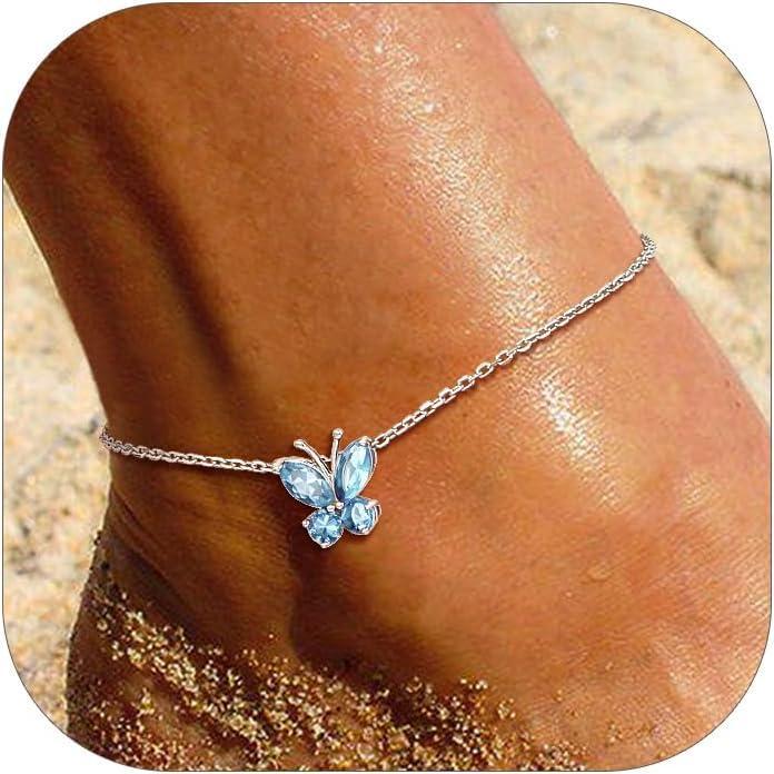 imageSILVERCUTE Silver Anklets for Women Cute Butterfly Jewelry 925 Sterling Silver Anklets Waterproof Summer Beach Foot Bracelet January to December Birthstone Anklet 2227cm03March Aquamarine