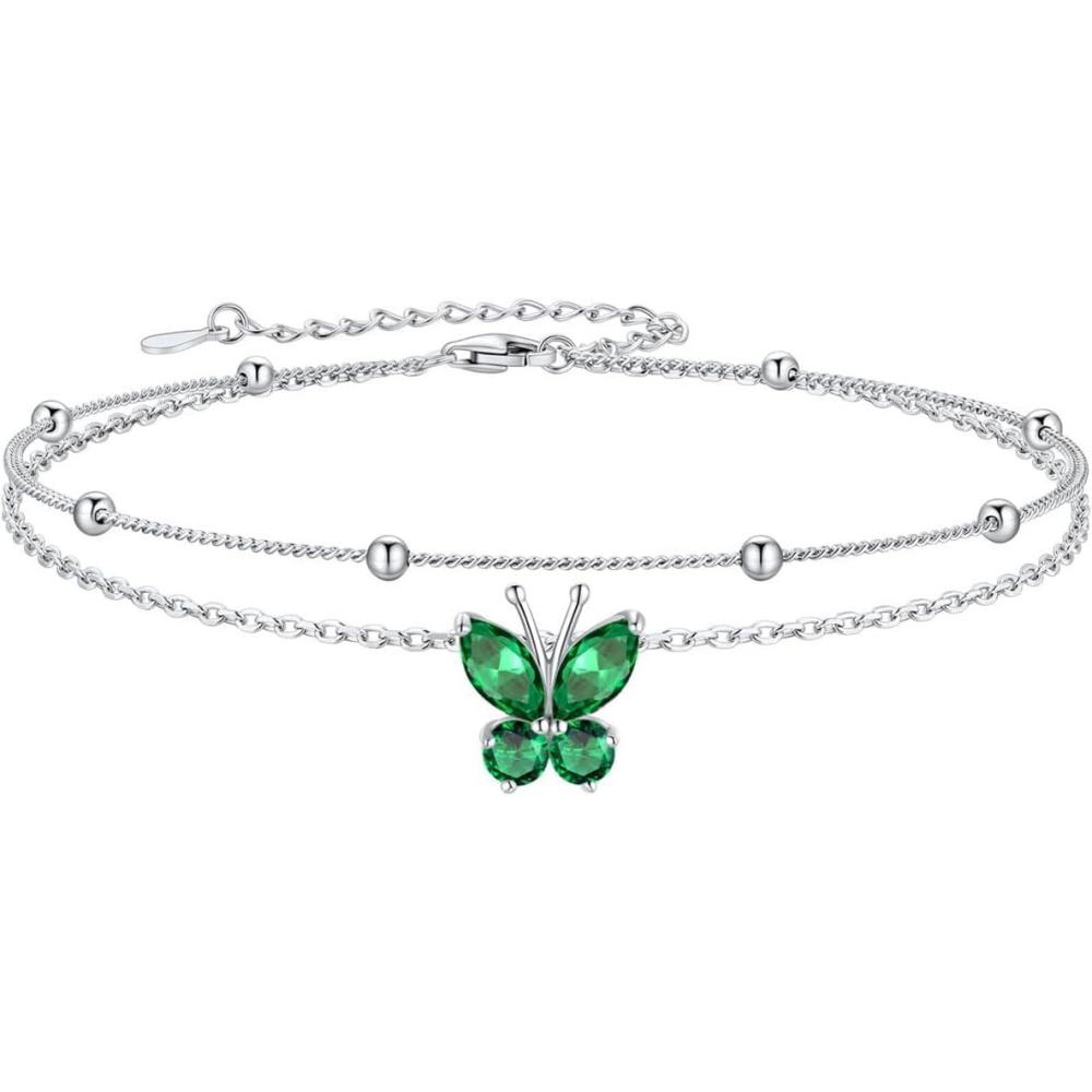 imageSILVERCUTE Silver Anklets for Women Cute Butterfly Jewelry 925 Sterling Silver Anklets Waterproof Summer Beach Foot Bracelet January to December Birthstone Anklet 2227cm05May Emerald GeenLayered