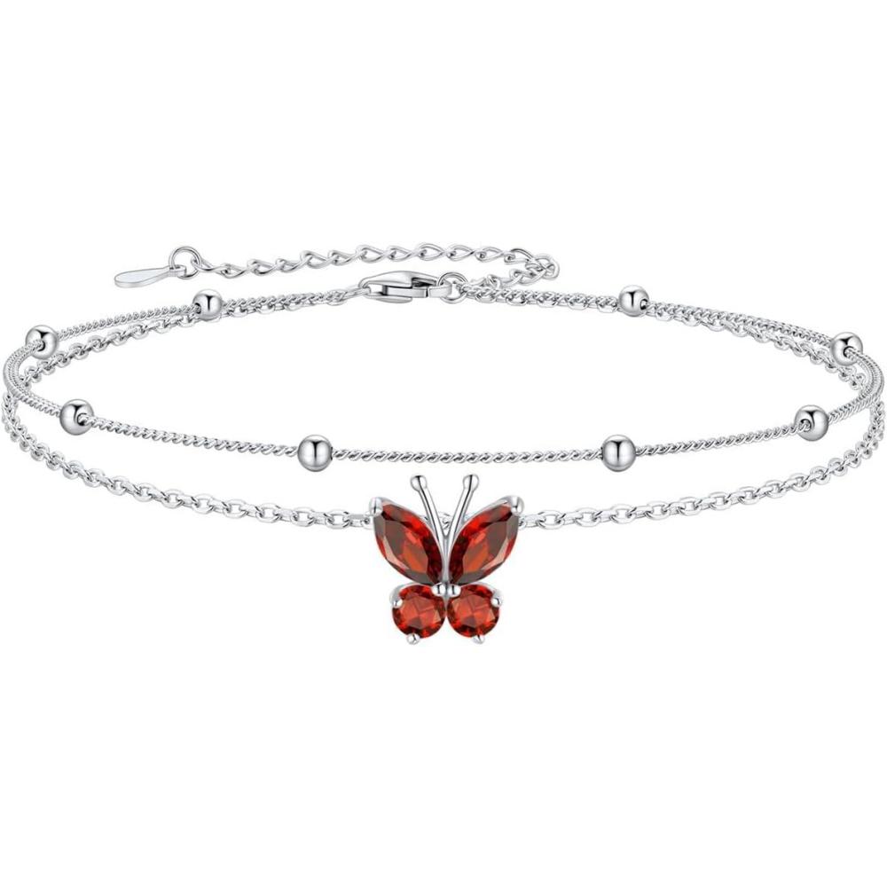 imageSILVERCUTE Silver Anklets for Women Cute Butterfly Jewelry 925 Sterling Silver Anklets Waterproof Summer Beach Foot Bracelet January to December Birthstone Anklet 2227cm07July RubyLayered