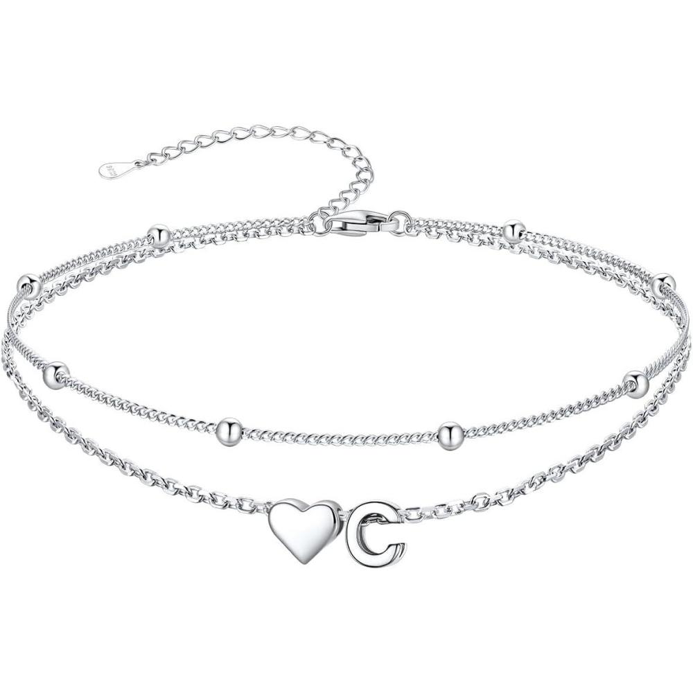 imageSILVERCUTE Silver Anklets for Women Waterproof Initial Heart Ankle Bracelets Sterling Silver Adjustable Layered Foot Jewelry Summer Beach Fashion with Personalized Name Design Gift PackageC