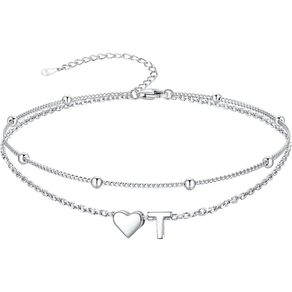 imageSILVERCUTE Silver Anklets for Women Waterproof Initial Heart Ankle Bracelets Sterling Silver Adjustable Layered Foot Jewelry Summer Beach Fashion with Personalized Name Design Gift PackageT