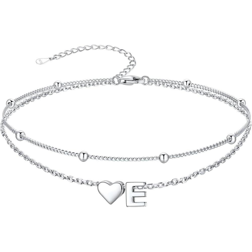 imageSILVERCUTE Silver Anklets for Women Waterproof Initial Heart Ankle Bracelets Sterling Silver Adjustable Layered Foot Jewelry Summer Beach Fashion with Personalized Name Design Gift PackageE