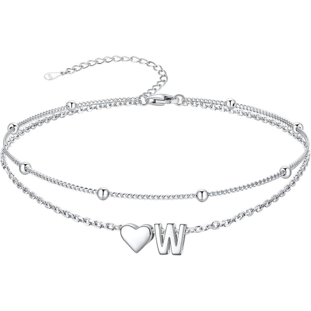 imageSILVERCUTE Silver Anklets for Women Waterproof Initial Heart Ankle Bracelets Sterling Silver Adjustable Layered Foot Jewelry Summer Beach Fashion with Personalized Name Design Gift PackageW