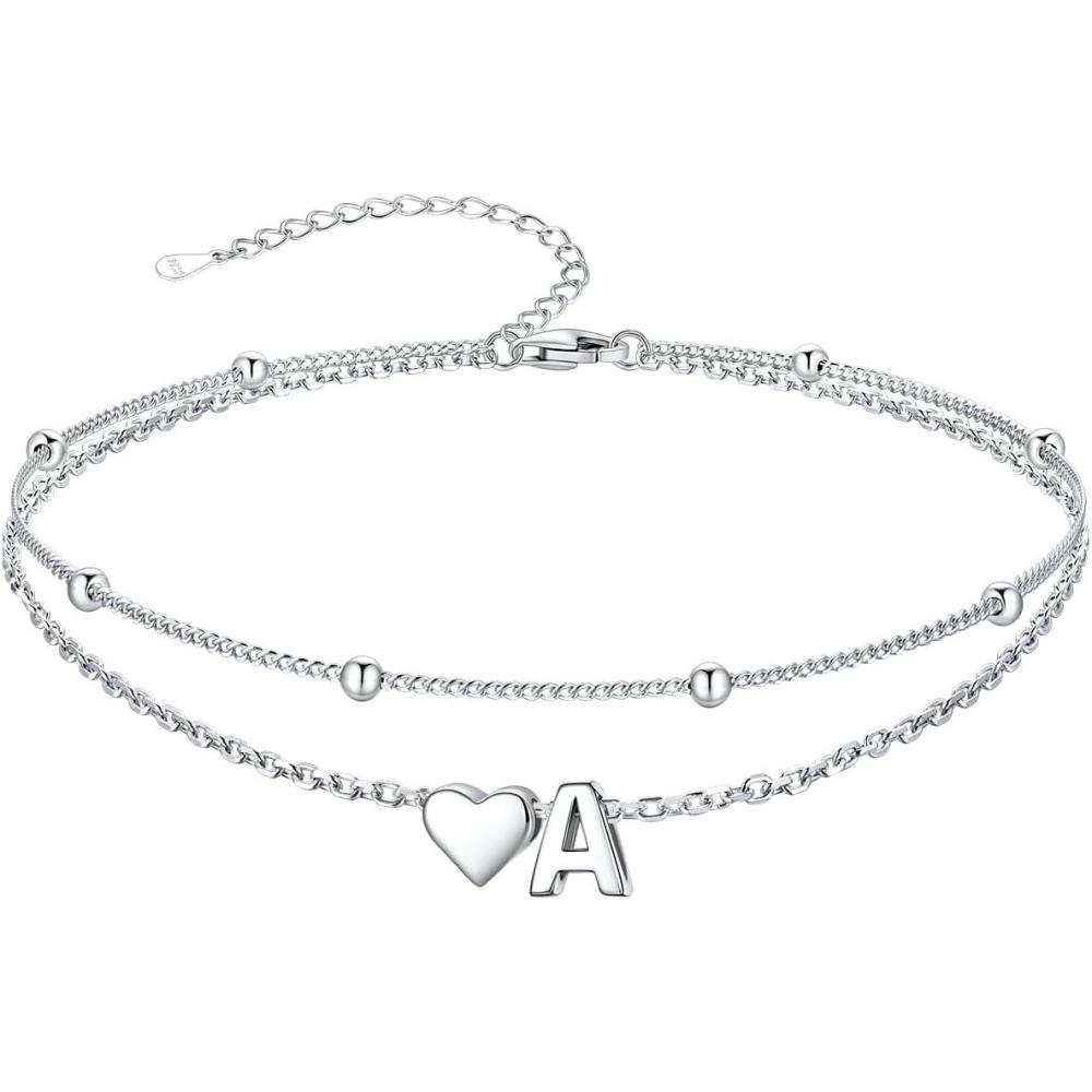 imageSILVERCUTE Silver Anklets for Women Waterproof Initial Heart Ankle Bracelets Sterling Silver Adjustable Layered Foot Jewelry Summer Beach Fashion with Personalized Name Design Gift PackageA
