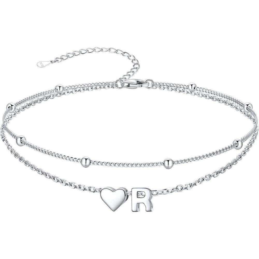 imageSILVERCUTE Silver Anklets for Women Waterproof Initial Heart Ankle Bracelets Sterling Silver Adjustable Layered Foot Jewelry Summer Beach Fashion with Personalized Name Design Gift PackageR