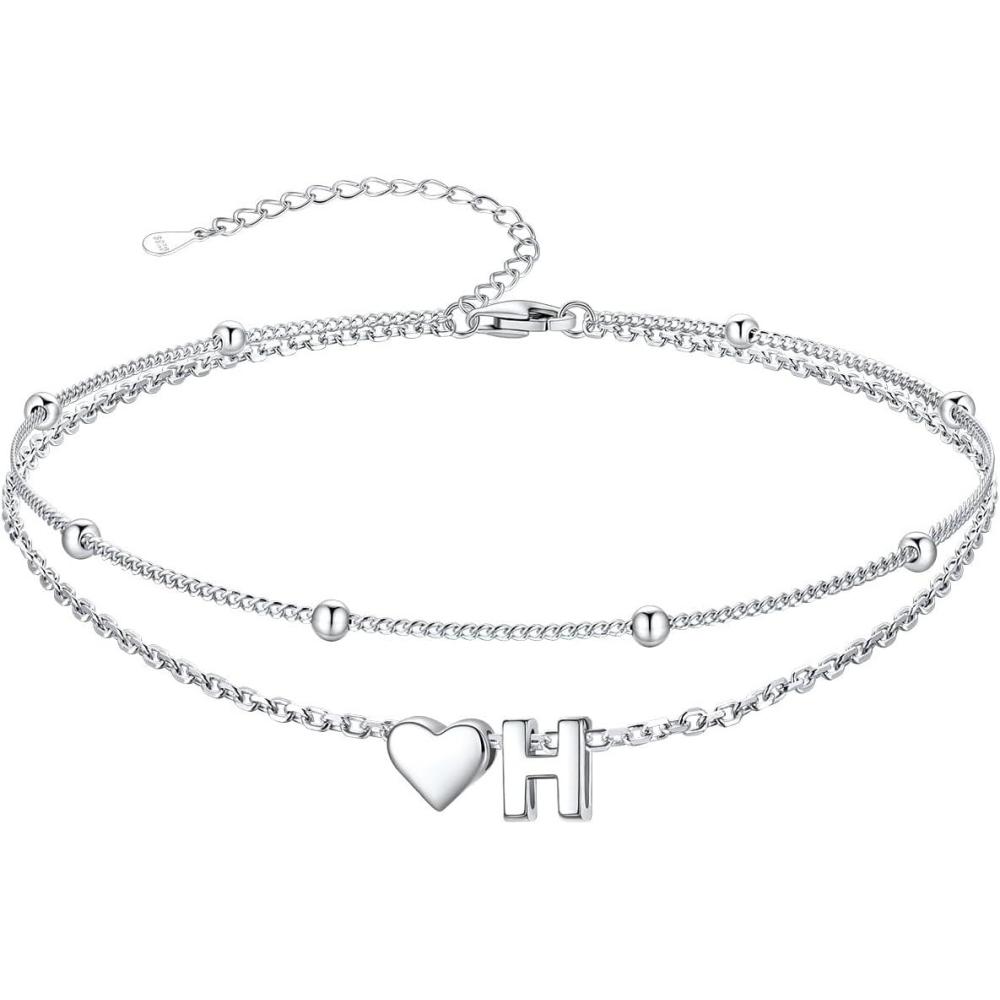 imageSILVERCUTE Silver Anklets for Women Waterproof Initial Heart Ankle Bracelets Sterling Silver Adjustable Layered Foot Jewelry Summer Beach Fashion with Personalized Name Design Gift PackageH
