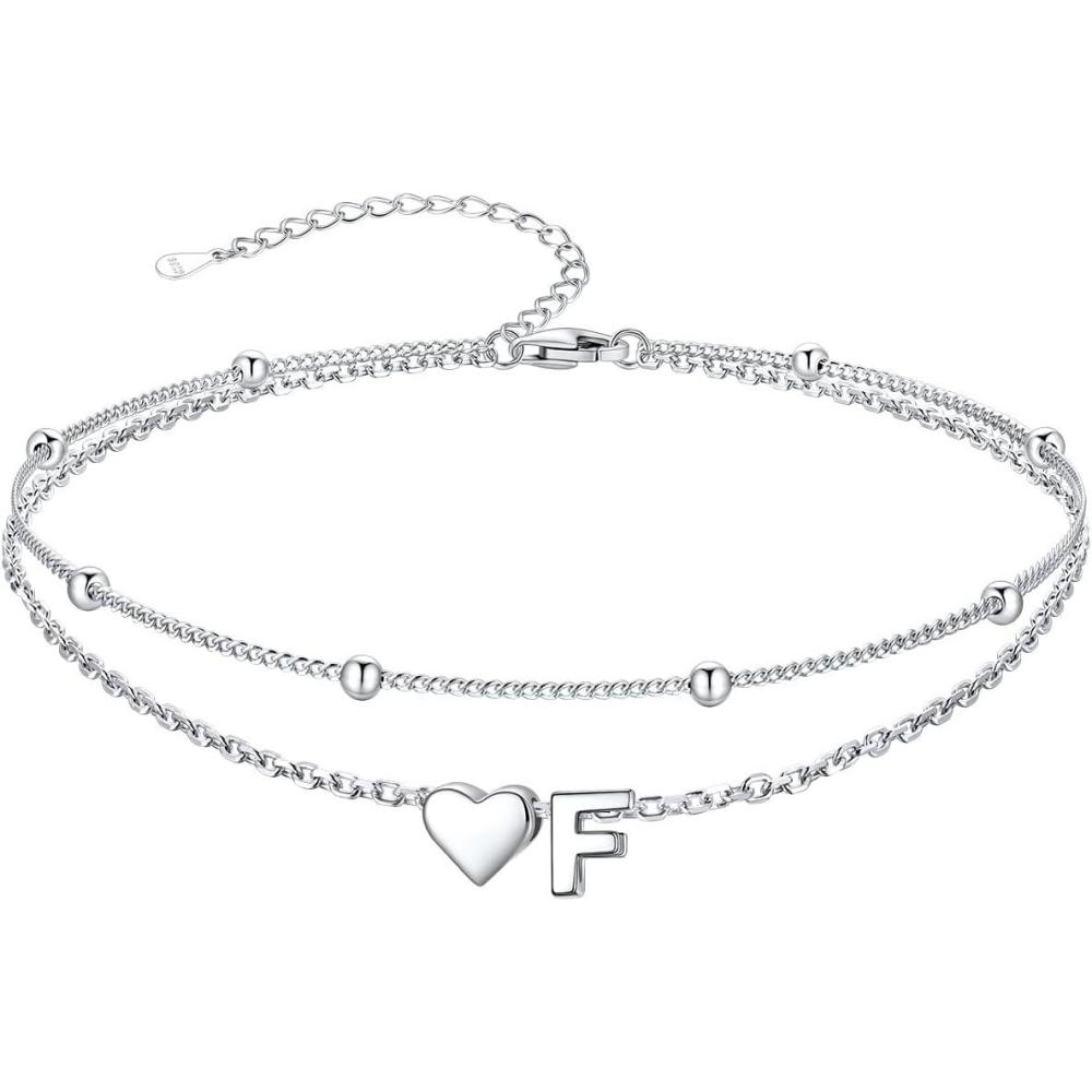 imageSILVERCUTE Silver Anklets for Women Waterproof Initial Heart Ankle Bracelets Sterling Silver Adjustable Layered Foot Jewelry Summer Beach Fashion with Personalized Name Design Gift PackageF