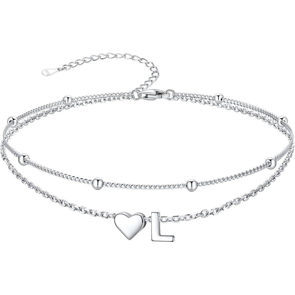 imageSILVERCUTE Silver Anklets for Women Waterproof Initial Heart Ankle Bracelets Sterling Silver Adjustable Layered Foot Jewelry Summer Beach Fashion with Personalized Name Design Gift PackageL