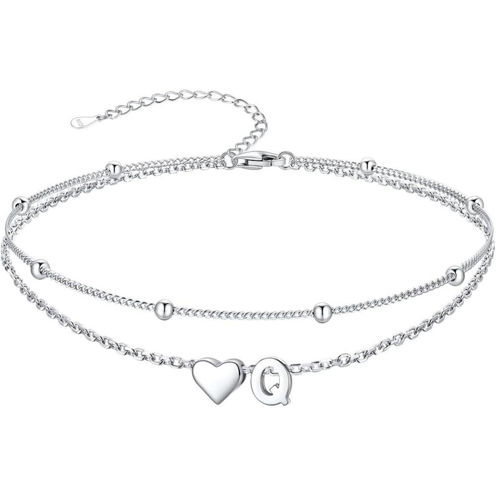 imageSILVERCUTE Silver Anklets for Women Waterproof Initial Heart Ankle Bracelets Sterling Silver Adjustable Layered Foot Jewelry Summer Beach Fashion with Personalized Name Design Gift PackageQ