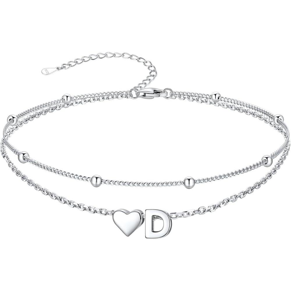imageSILVERCUTE Silver Anklets for Women Waterproof Initial Heart Ankle Bracelets Sterling Silver Adjustable Layered Foot Jewelry Summer Beach Fashion with Personalized Name Design Gift PackageD