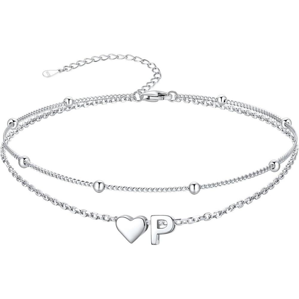 imageSILVERCUTE Silver Anklets for Women Waterproof Initial Heart Ankle Bracelets Sterling Silver Adjustable Layered Foot Jewelry Summer Beach Fashion with Personalized Name Design Gift PackageP
