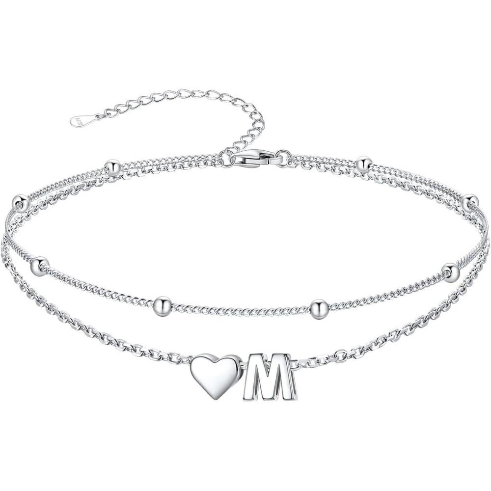 imageSILVERCUTE Silver Anklets for Women Waterproof Initial Heart Ankle Bracelets Sterling Silver Adjustable Layered Foot Jewelry Summer Beach Fashion with Personalized Name Design Gift PackageM