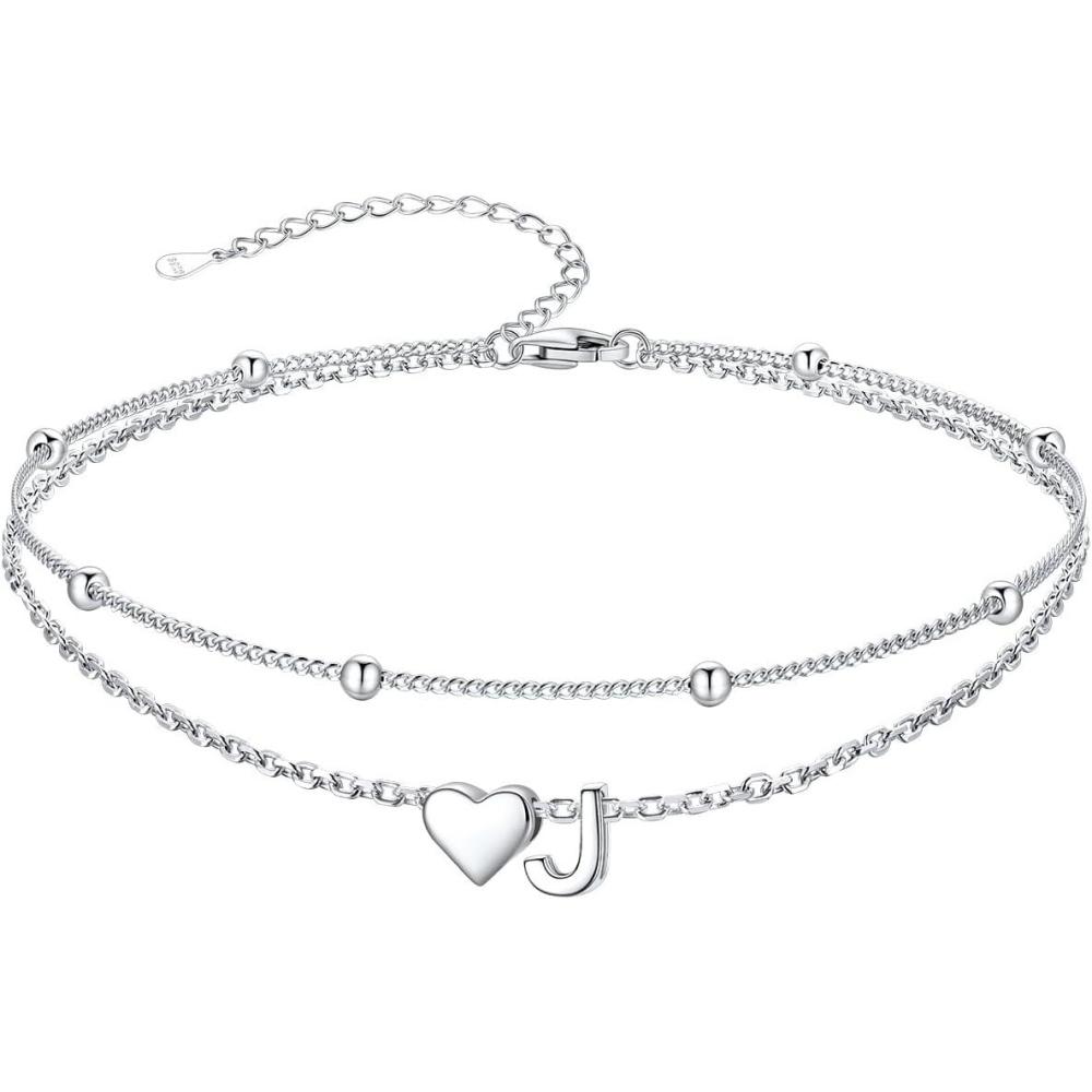 imageSILVERCUTE Silver Anklets for Women Waterproof Initial Heart Ankle Bracelets Sterling Silver Adjustable Layered Foot Jewelry Summer Beach Fashion with Personalized Name Design Gift PackageJ