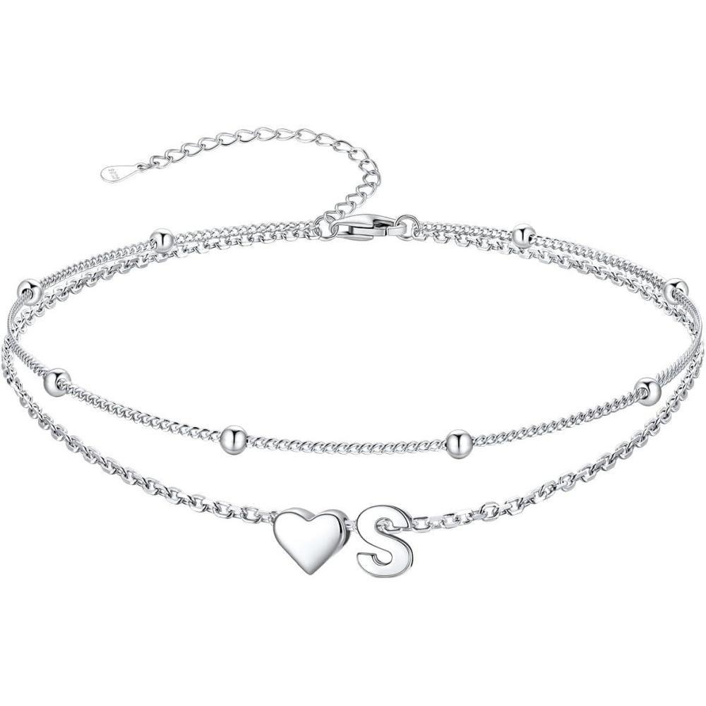 imageSILVERCUTE Silver Anklets for Women Waterproof Initial Heart Ankle Bracelets Sterling Silver Adjustable Layered Foot Jewelry Summer Beach Fashion with Personalized Name Design Gift PackageS