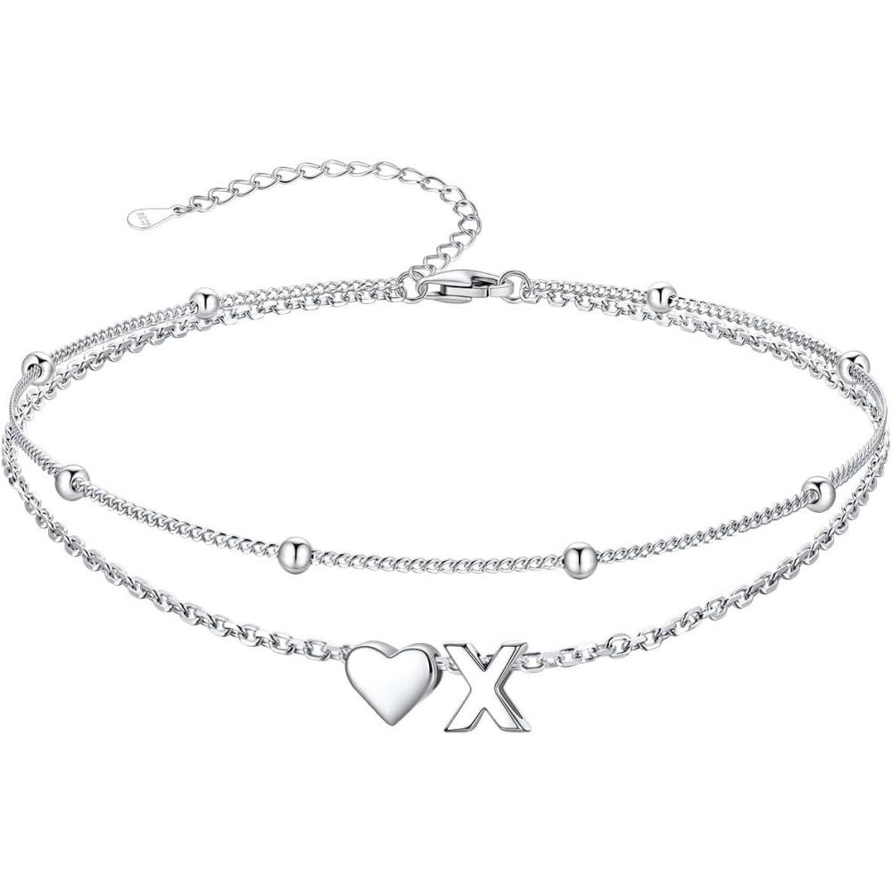 imageSILVERCUTE Silver Anklets for Women Waterproof Initial Heart Ankle Bracelets Sterling Silver Adjustable Layered Foot Jewelry Summer Beach Fashion with Personalized Name Design Gift PackageX