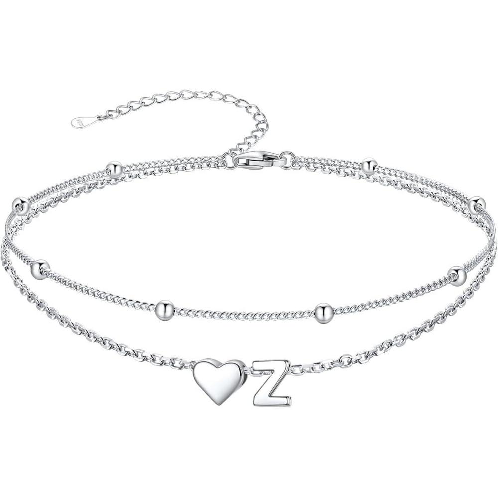 imageSILVERCUTE Silver Anklets for Women Waterproof Initial Heart Ankle Bracelets Sterling Silver Adjustable Layered Foot Jewelry Summer Beach Fashion with Personalized Name Design Gift PackageZ