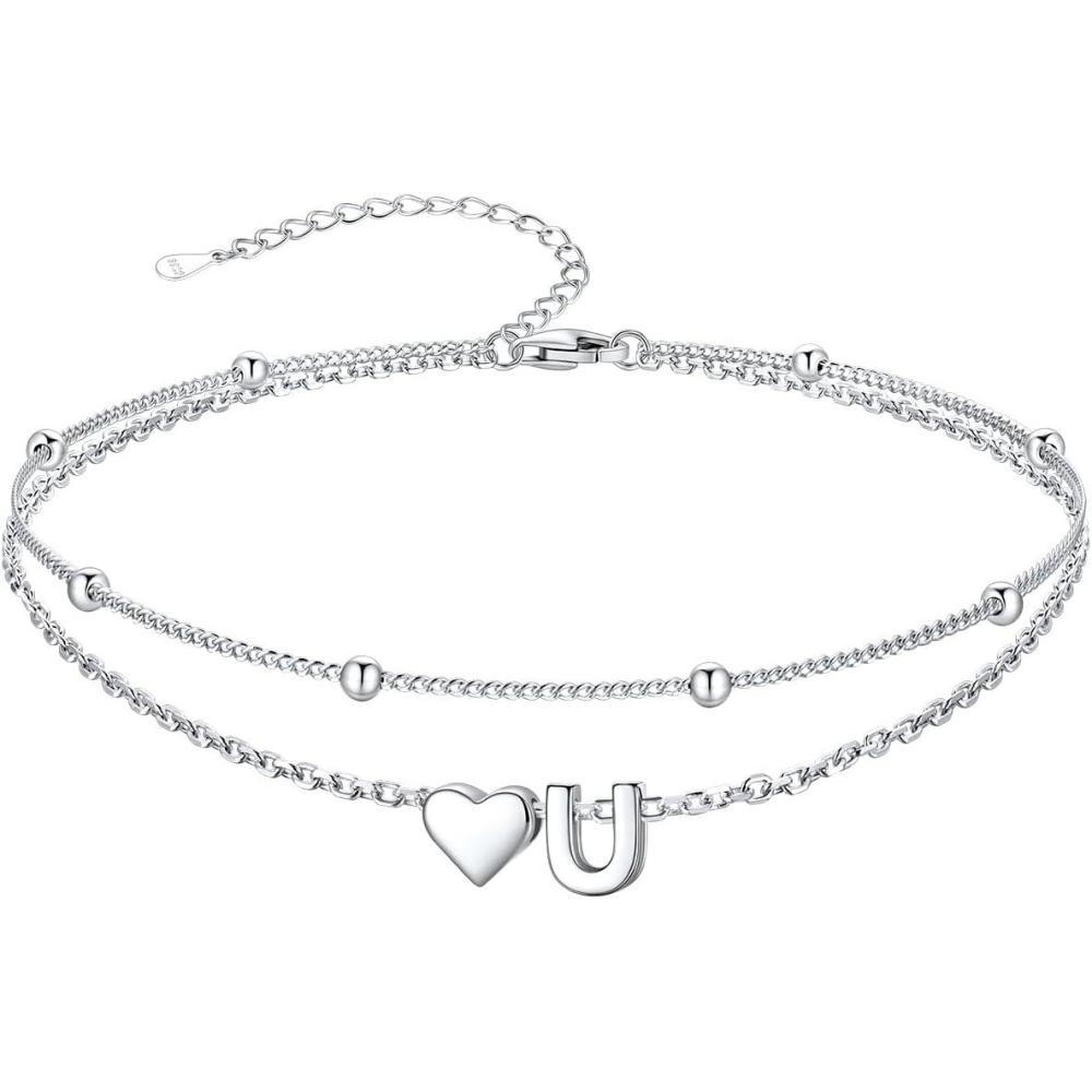 imageSILVERCUTE Silver Anklets for Women Waterproof Initial Heart Ankle Bracelets Sterling Silver Adjustable Layered Foot Jewelry Summer Beach Fashion with Personalized Name Design Gift PackageU