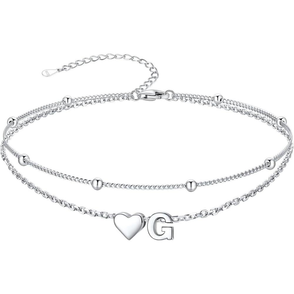 imageSILVERCUTE Silver Anklets for Women Waterproof Initial Heart Ankle Bracelets Sterling Silver Adjustable Layered Foot Jewelry Summer Beach Fashion with Personalized Name Design Gift PackageG